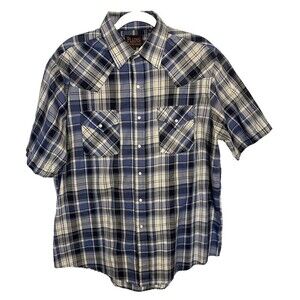 Plains Western Shirt Men's Large Blue Plaid Pearl Snap Button Down Short Sleeve
